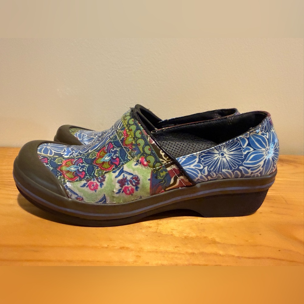 Dansko Vegan Volley clogs vibrant floral patchwork size 38